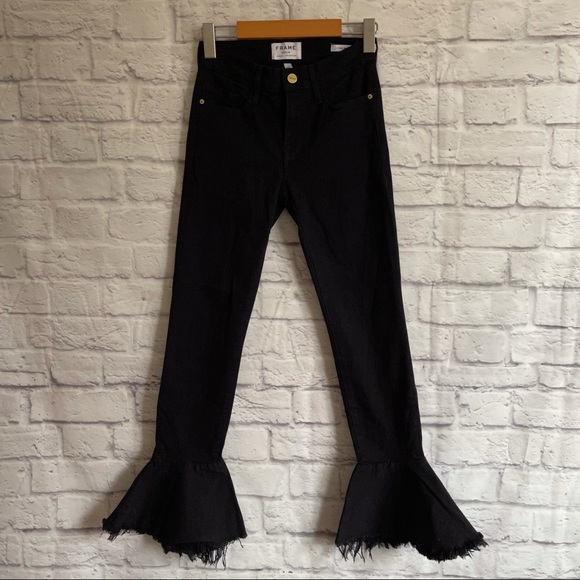 FRAME Denim Le Skinny De Jeanne Flounce Raw Edge Flare Jeans Black - Picture 4 of 11